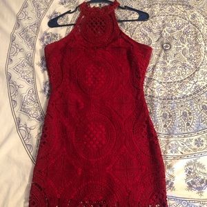 Red lace racer neck bodycon dress